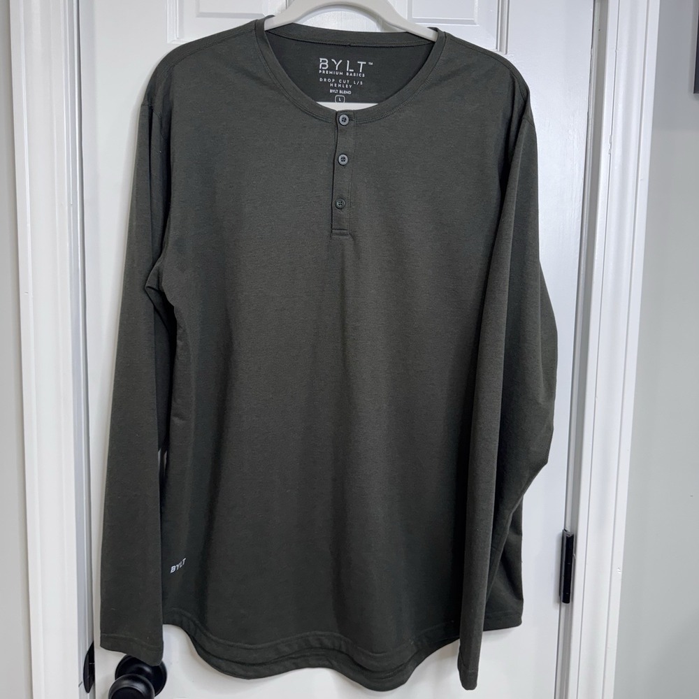 BYLT Drop Cut Henley Shirt Mens Large Gray Long Sleeve Stretch Casual Tee